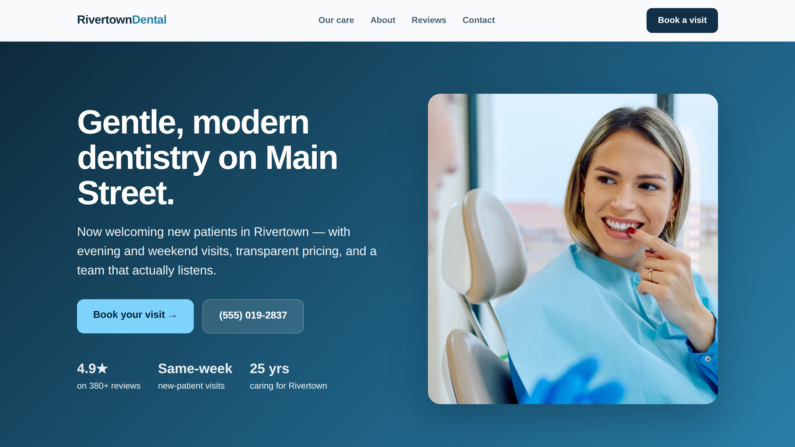 A generated demo site for Rivertown Dental: a modern dental-practice homepage headlined "Gentle, modern dentistry on Main Street", with a photo of a smiling patient, Book-your-visit and phone buttons, and a 4.9-star rating from 380+ reviews.