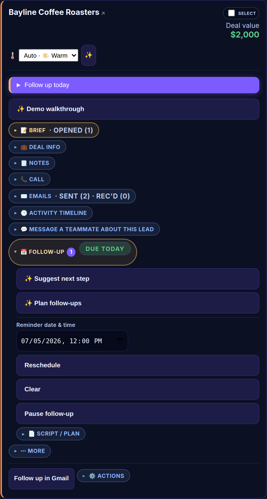 A StellarReach lead card for a warm lead with a follow-up due today, with Astro's helpers — Suggest next step and Plan follow-ups — right on the open follow-up pill, alongside the brief, emails and deal value.