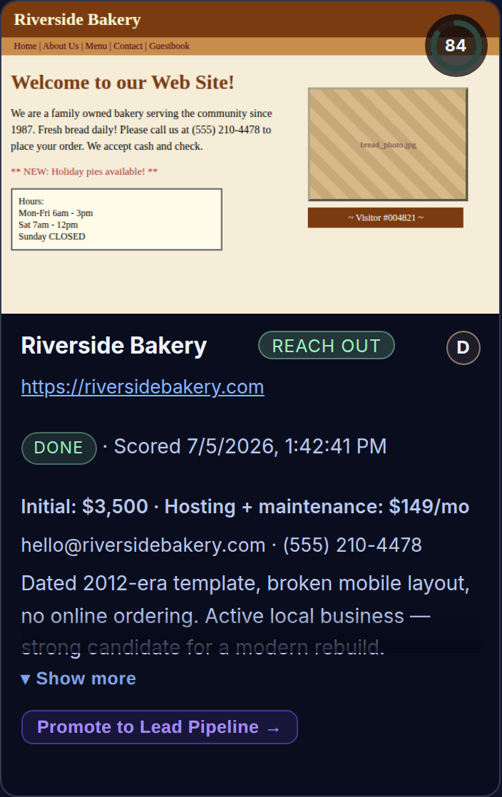 A scored prospect in the StellarReach console: a dated bakery website's screenshot with an 84 score ring, a REACH OUT verdict, a D site grade, suggested pricing, contact details and a Promote to Lead Pipeline button.